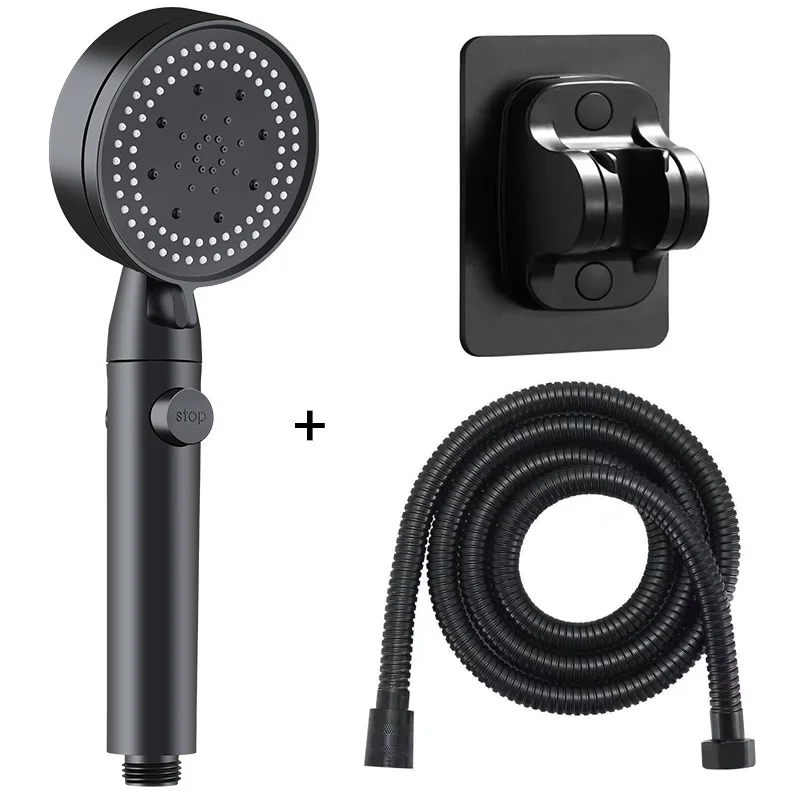 

Black 5 Mode Adjustable High Pressure Shower Head Water Saving With One-key Stop Water Shower Holder Hose Bathroom Accessories