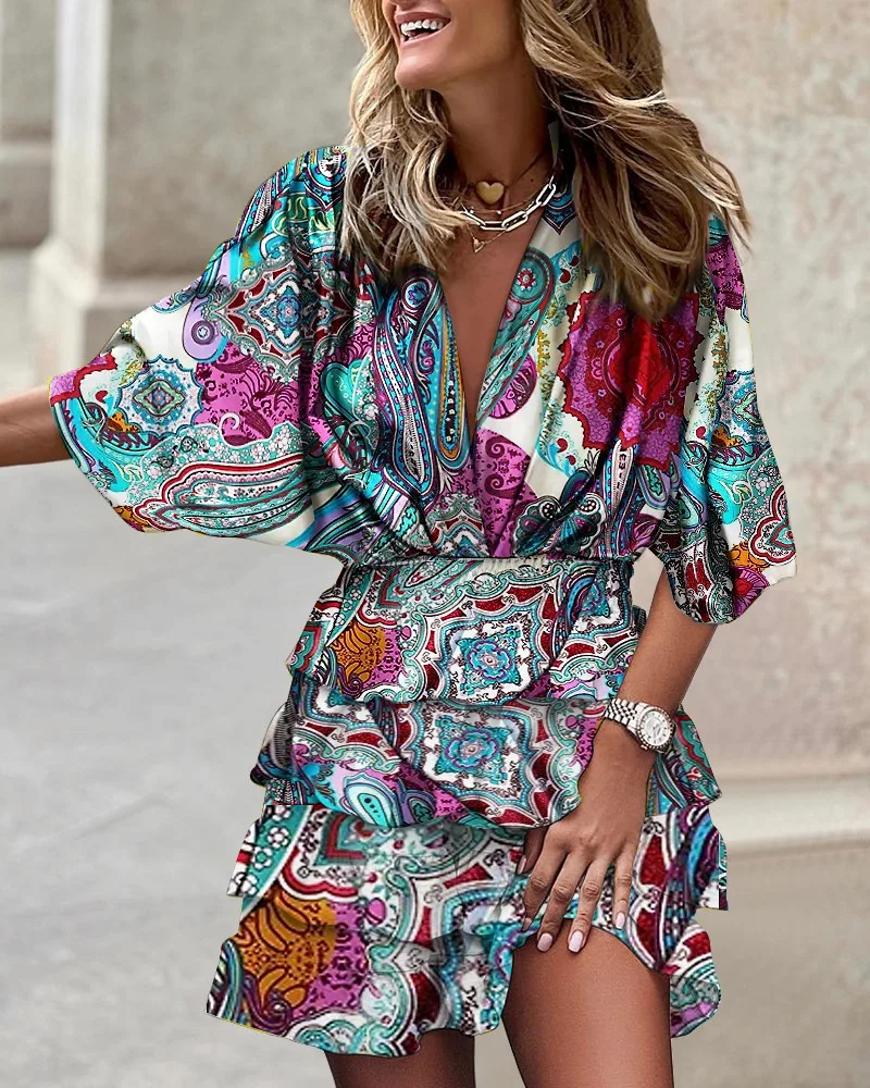 Women Sexy V Neck Mini Dresses 2025 Summer Boho Casual Floral Print Batwing Sleeve Robe Female Ruffle Beach Party Dress Vestidos