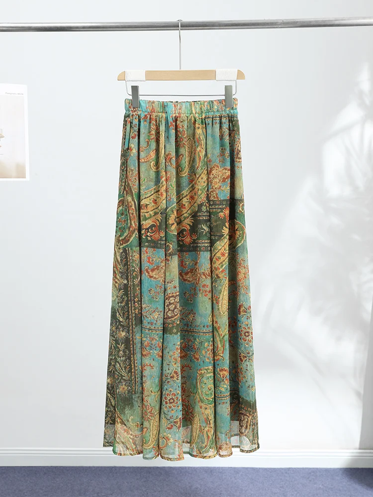 Asymmetrischer, kaskadierender Rüschenrock mit Print, langer Rock für Damen, hohe Taille, Hüftbetonung, seitlicher Schlitz, charmanter Damenrock für Club- und Party-Outfits, neu. – Detail 3