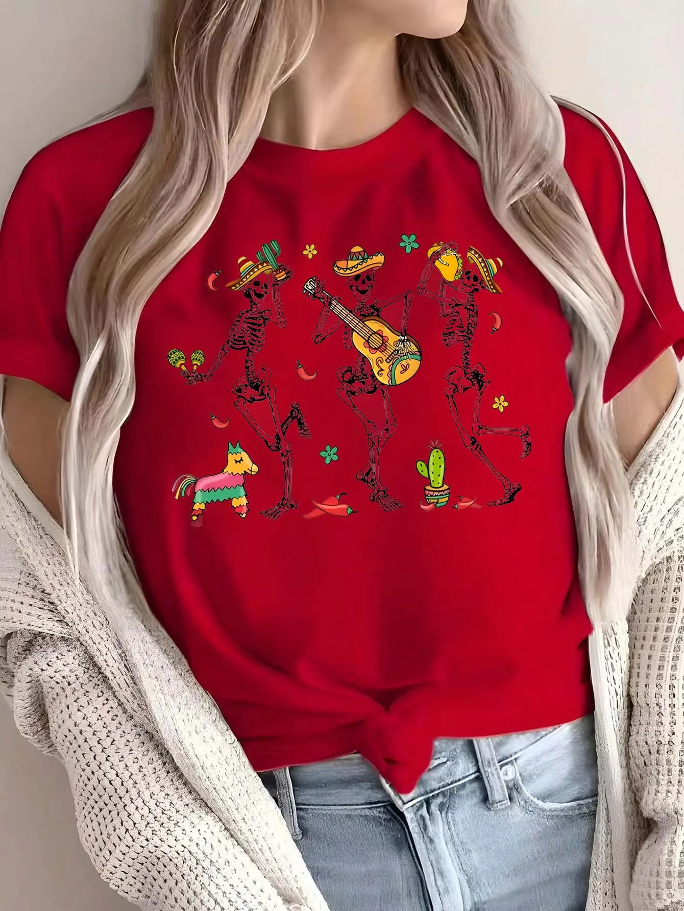 

Модный топ с короткими рукавами и рисунком скелета больших размеров мексиканской фиесты