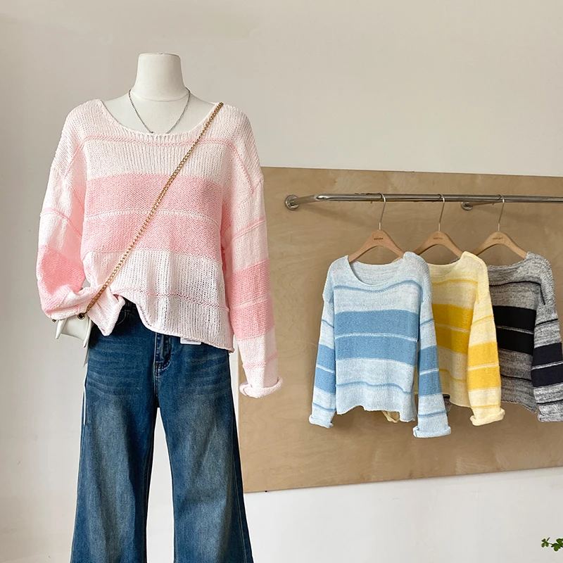 

Korean Style Loose Round Neck Striped Sweater Women's Fashion Long Sleeve Temperament Knitted Tops Spring Autumn Sweet Pullovers