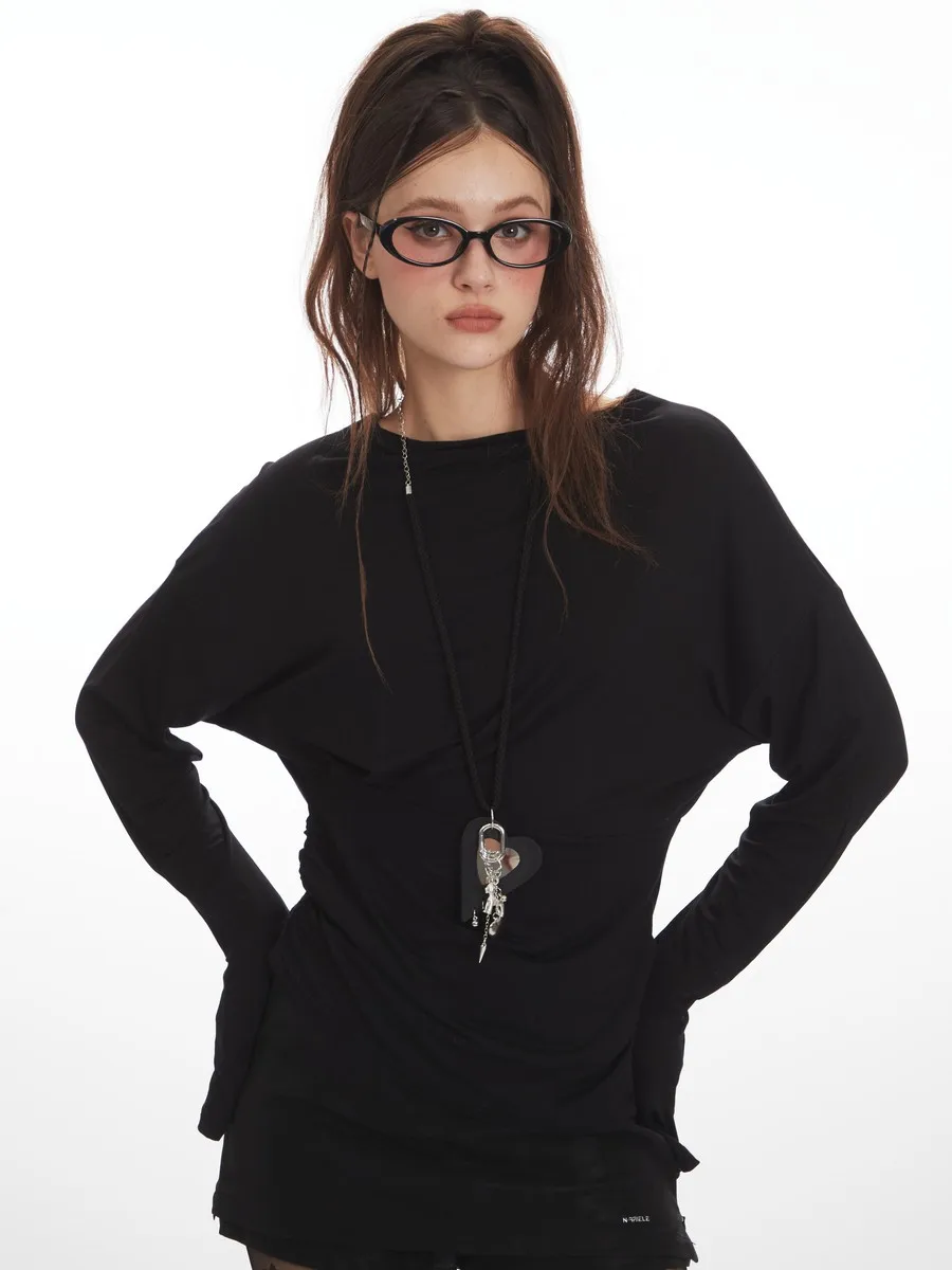 Plissado assimétrico fino ajuste interior básico inverno outono bodywear escritório camisetas de fitness manga longa elegante topos para mulheres meninas