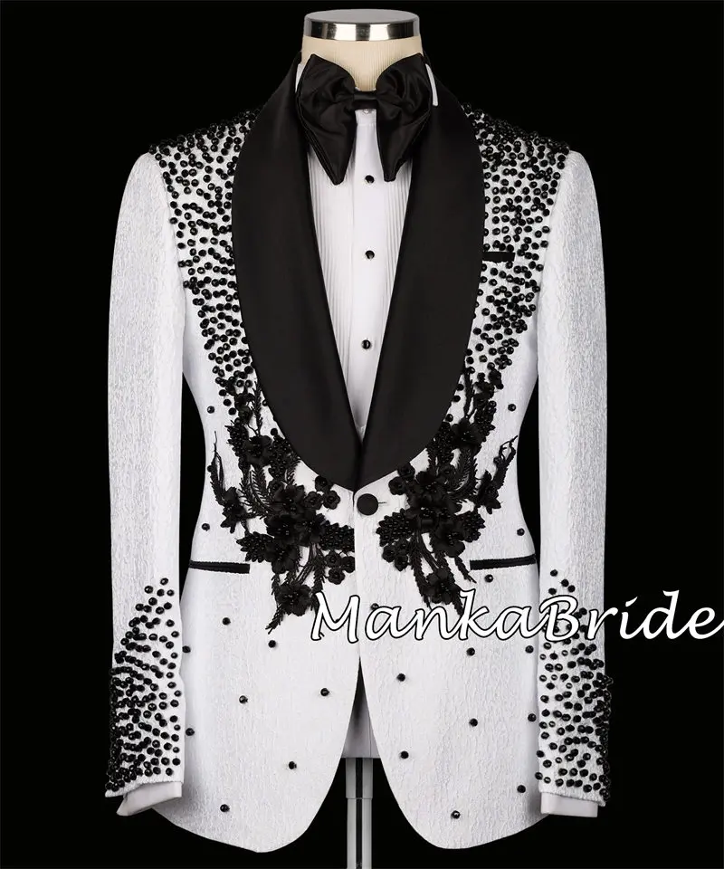 Luxury Black Collar  White Blazer for Men with Crystal Appliques 2 Vents Customized Groom Suit Jacket Formal Party Men's Jackets