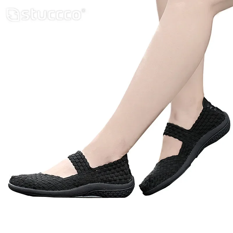 Confortável e artesanal tecido Mary Janes sapatos para mulheres, slip-on, nylon, xadrez, dedo do pé redondo, casual, raso flats, senhora, verão, novo