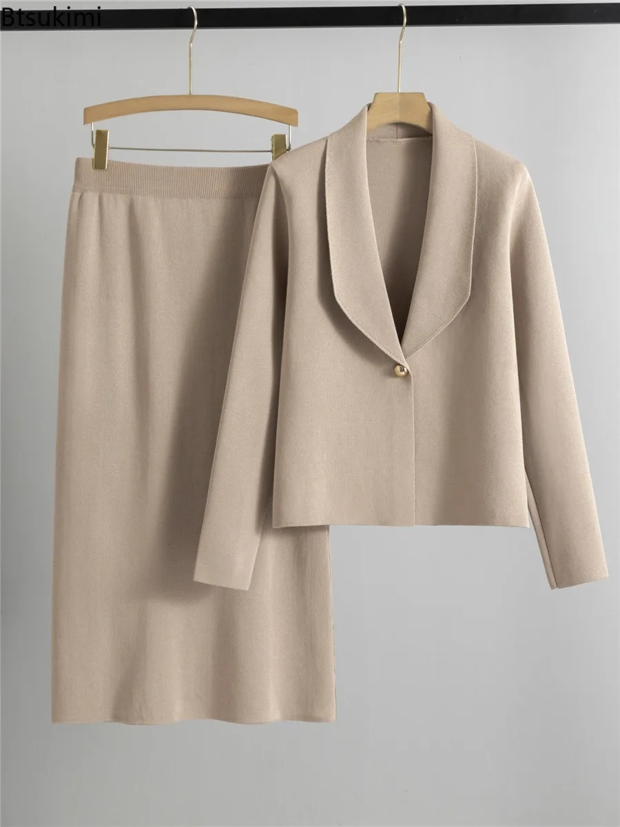 Autumn Winter Knitted Two-piece Set Women's Fashion Elegant Cardigan Sweater Jacket A-line Skirt Set Small Suit Collar Set Skirt