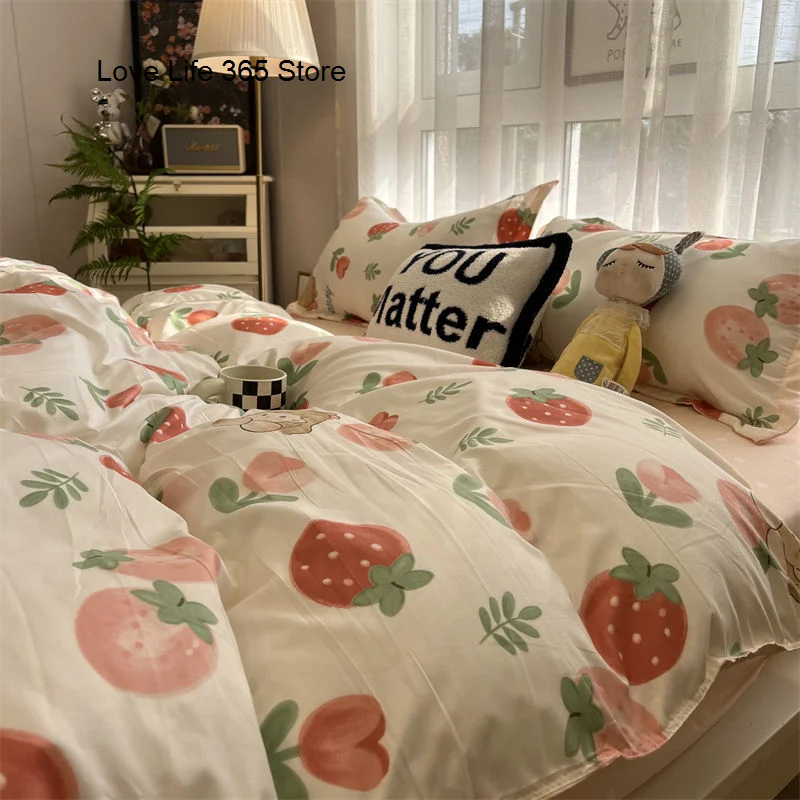 

Strawberry And Flowers Bedding Sets Solid Color Girls Boys Double Size Flat Sheet Duvet Cover Pillowcase Bed Linen Home Textile