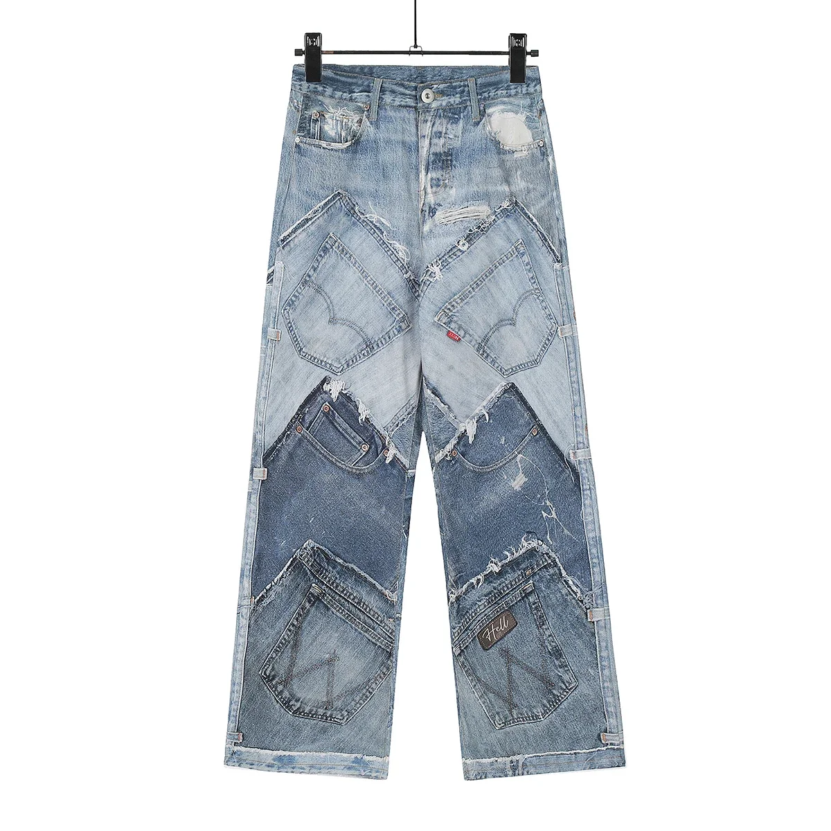 American Vintage Anatomical Splicing 3D Digital Spray Splashed Dyed Jeans Men and Women Wide Leg Frayed Baggy Denim Trousers