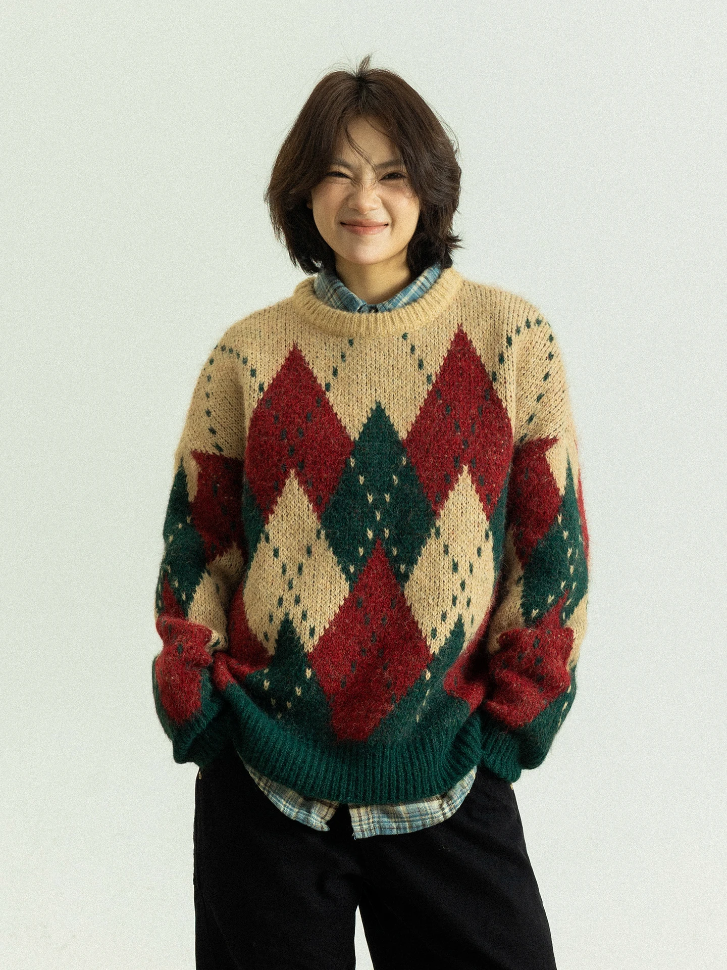 

GoodNorth Cisas Sweater Men Women Loose Fit Fair Isle Knitwear Red Retro Plaid Pattern Warm Breathable Long Sve Crew Ne