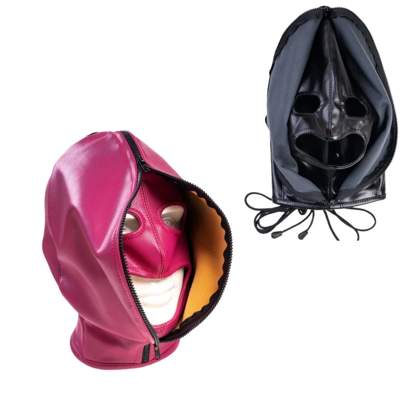 Full Face Double Leather Hood Mask with Adjustable Fetish Terror Cosplay Party Costume for Couple Fantasy Fulfillment Sex Toy