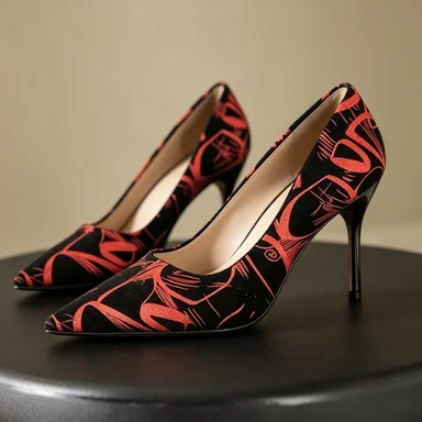 Women Fashion Abstract Line Print Pointed Toe Slip On Pumps Slim Stiletto High Heels Ladies Wedding Nightclub Party Shoes Plus S