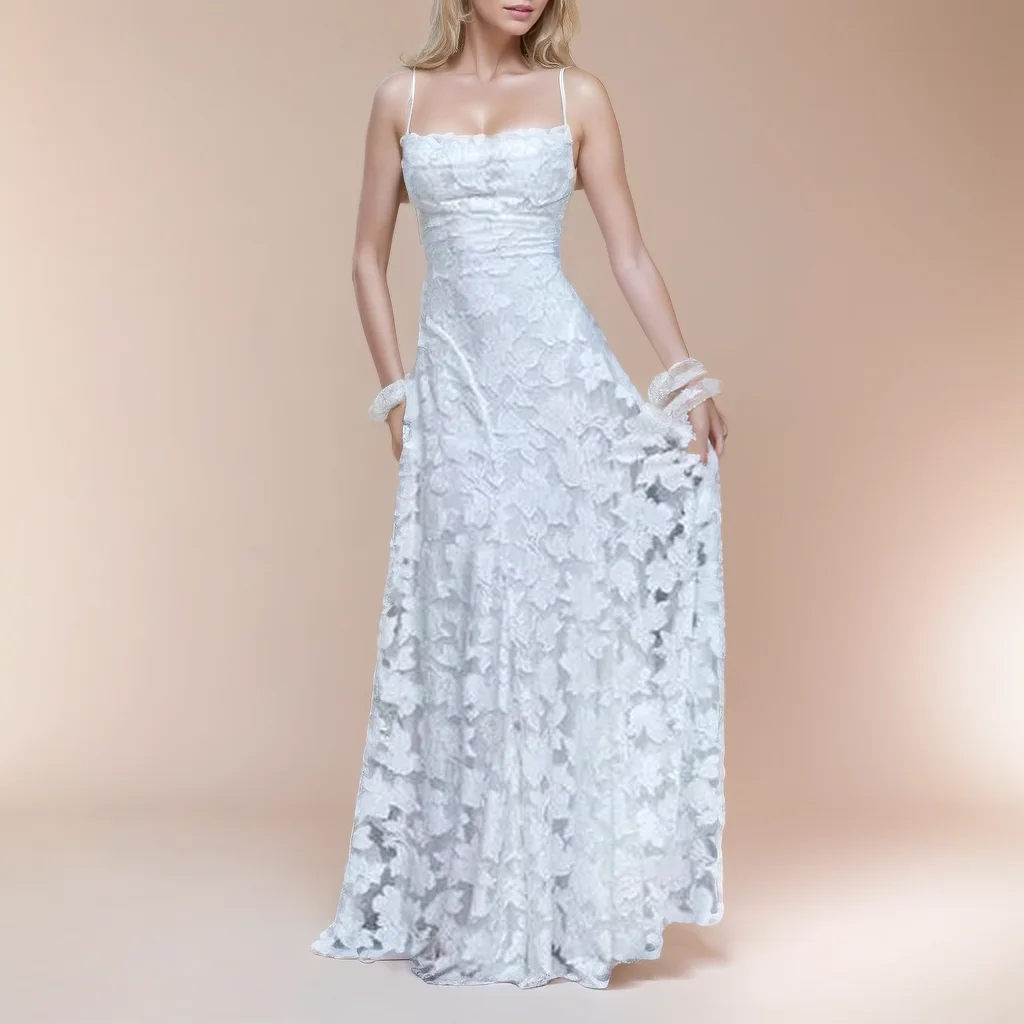

Sexy Low Back Spaghetti Straps Sleeveless Lace Long Formal Dress