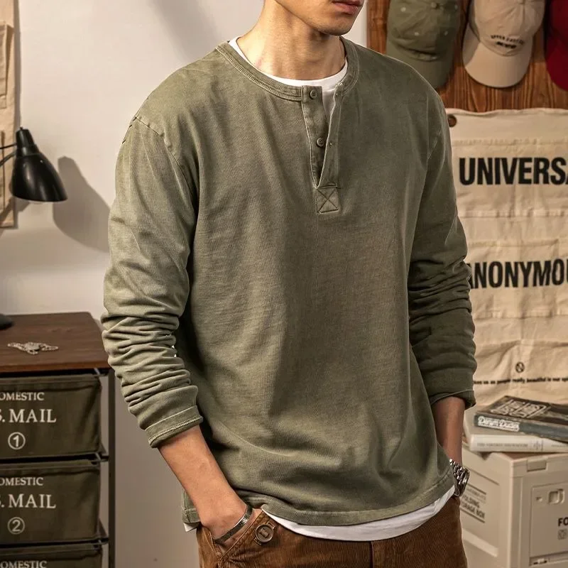 

Men's T Shirts Retro Henley Collar Long-sleeved T-shirt Male Solid Color Bottoming Shirt Large Size Buttons Autumn Tops Tees