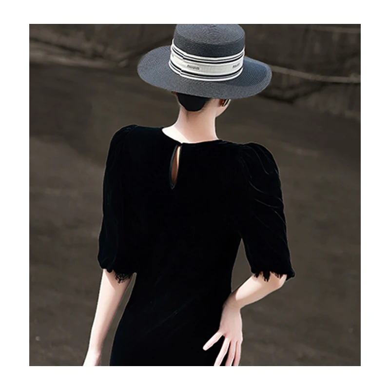 فستان نسائي مخملي من الحرير الطبيعي النقي بأكمام قصيرة ورقبة دائرية، يتميز بقطع قماش من الدانتيل، فستان طويل أنيق على الطراز النبيل. #6