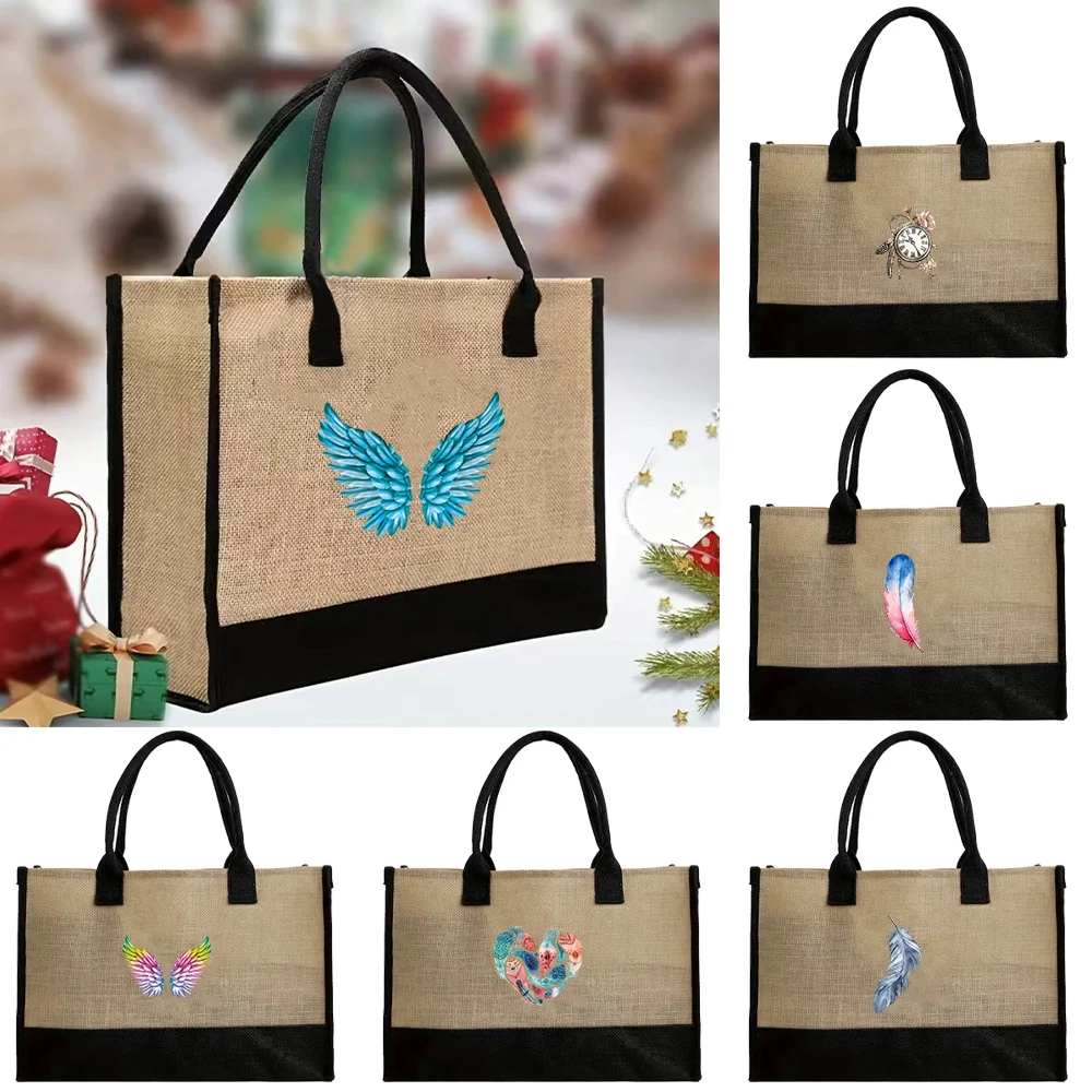 

Vintage Shopping Bags Reusable Jute Bag Large Capacity Grocery Organizers Imitation Sacks Handbags for Women Feather Printing