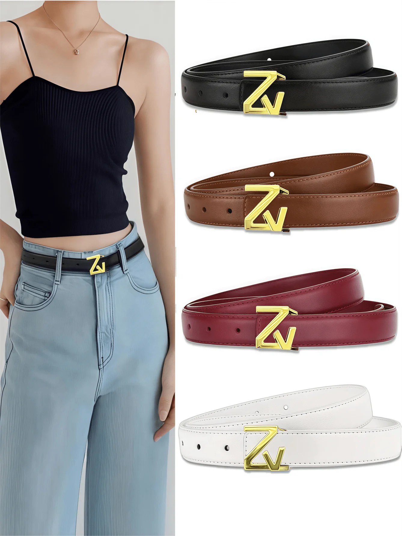 1pc women's leather belt with Zv letter alloy smooth buckle, can be matched with jeans, a good gift for Mother's Day, Valentine'