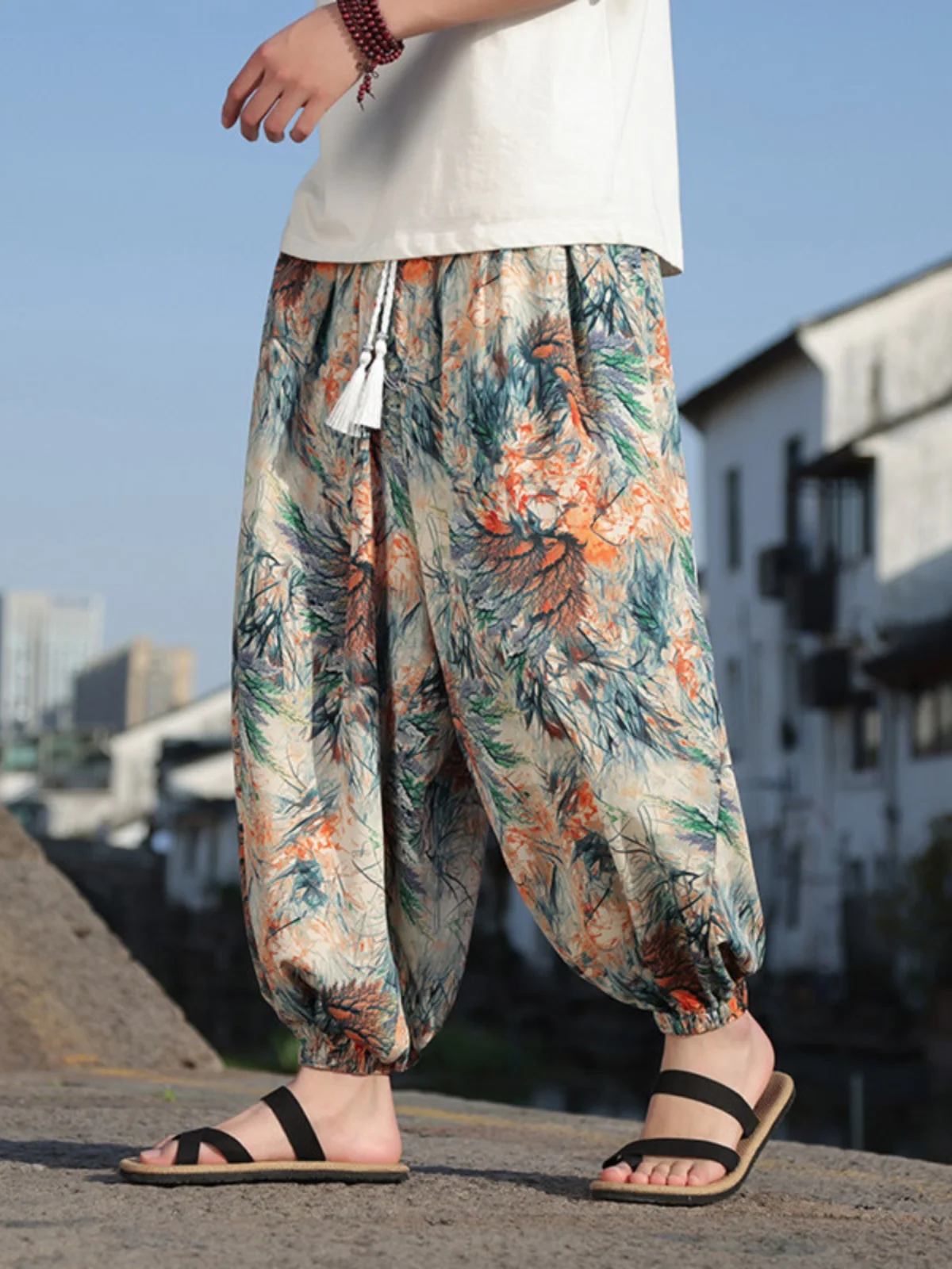 

New Chinese Sle Ice Silk Men's Summer plus Size Wide Leg Lantern Pants Cuffed Harem Beachwear Casual Loose Fit Leisure Trou...