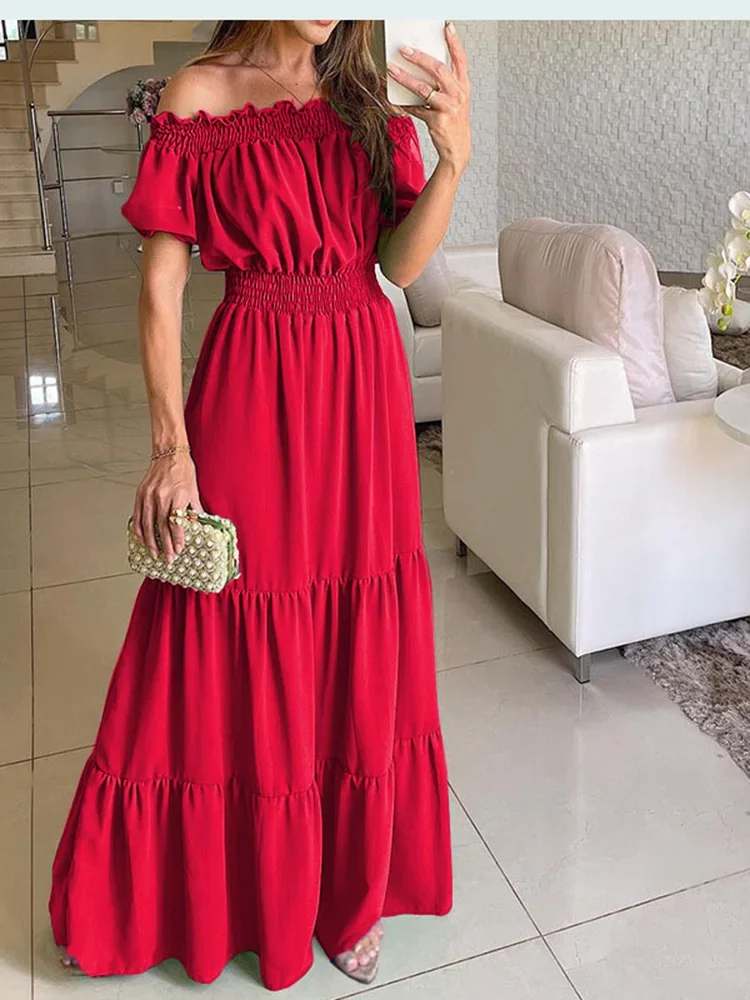 Women Dress Summer Fashion Green Boho Sexy Slash Neck Maxi Dress Elegant Casual Holiday Beach Party Dresses For Woman Robe Femme