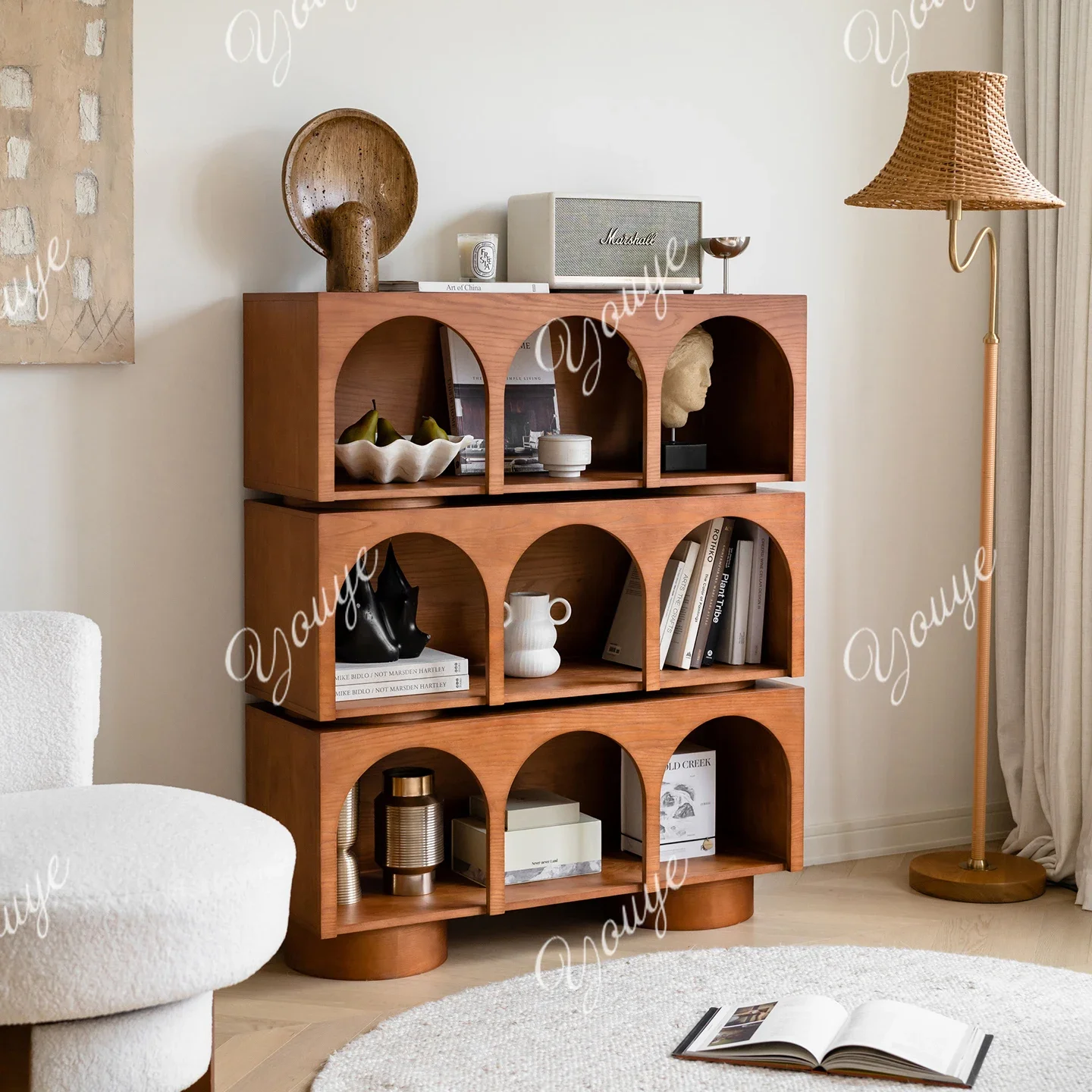 63 French Vintage Arched Bookcase, Living Room, Multi-layer Storage Cabinet, Solid Wood Shelf, Floor-to-ceiling Display Shelf
