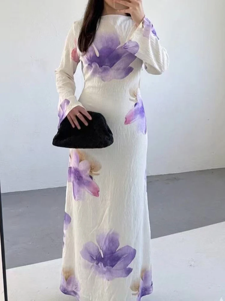 Fashion Print Long Sleeved Banquet Evening Dress Early Autumn Temperament High Waist Hug Hip Dress Elegant O-Neck Slim Fit Dress