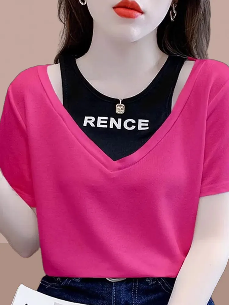 Slimming Short Sleeve T-Shirt Pure Cotton Women's Fashion Hidden Belly Conceal Meat Show Thin Body Shirt Top Commute Style