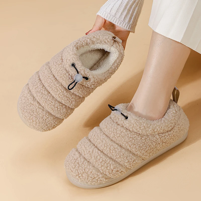 2025 Winter Drawstring Thick Plush Cotton Shoes Women Soft Sole Warm Home Slippers Woman Non Slip Fleece Lining House Shoes 45
