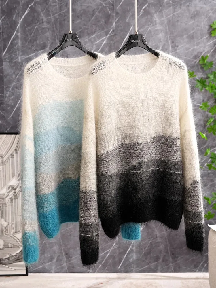 

Soft Gradient Color Block Merino Wool Knitted Sweater Long Sleeve round Neck Comfortable Fit Women's Fashion Autumn Winter Top