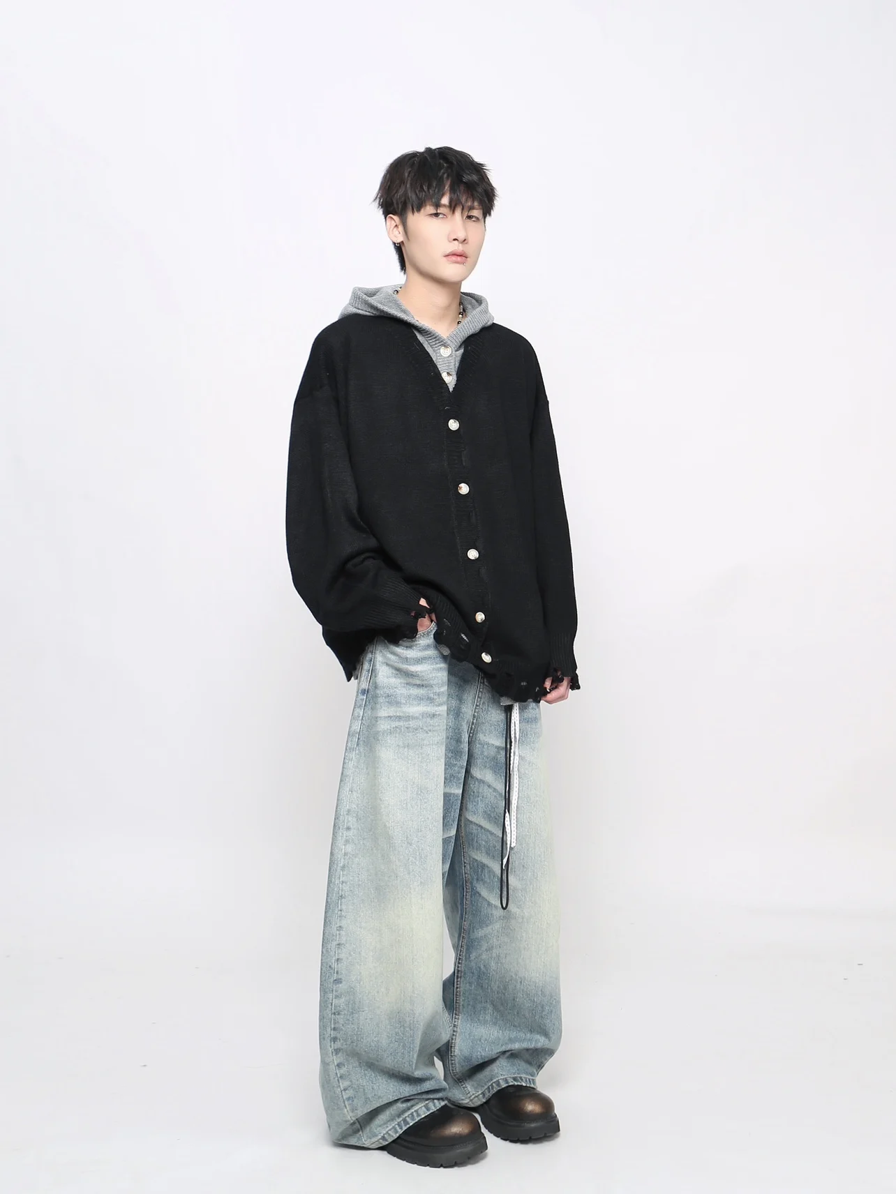 Spring and Autumn New American Retro Fake Two-Piece Brown Hooded Knitted Sweater Men Black Casual Cardigan Sweater