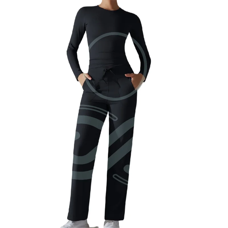 Solid Color Long Sleeved Yoga Suit Set  Double Sided Nylon High Waist Wide Leg Sports Running Fitness Two-piece Sport Set Women