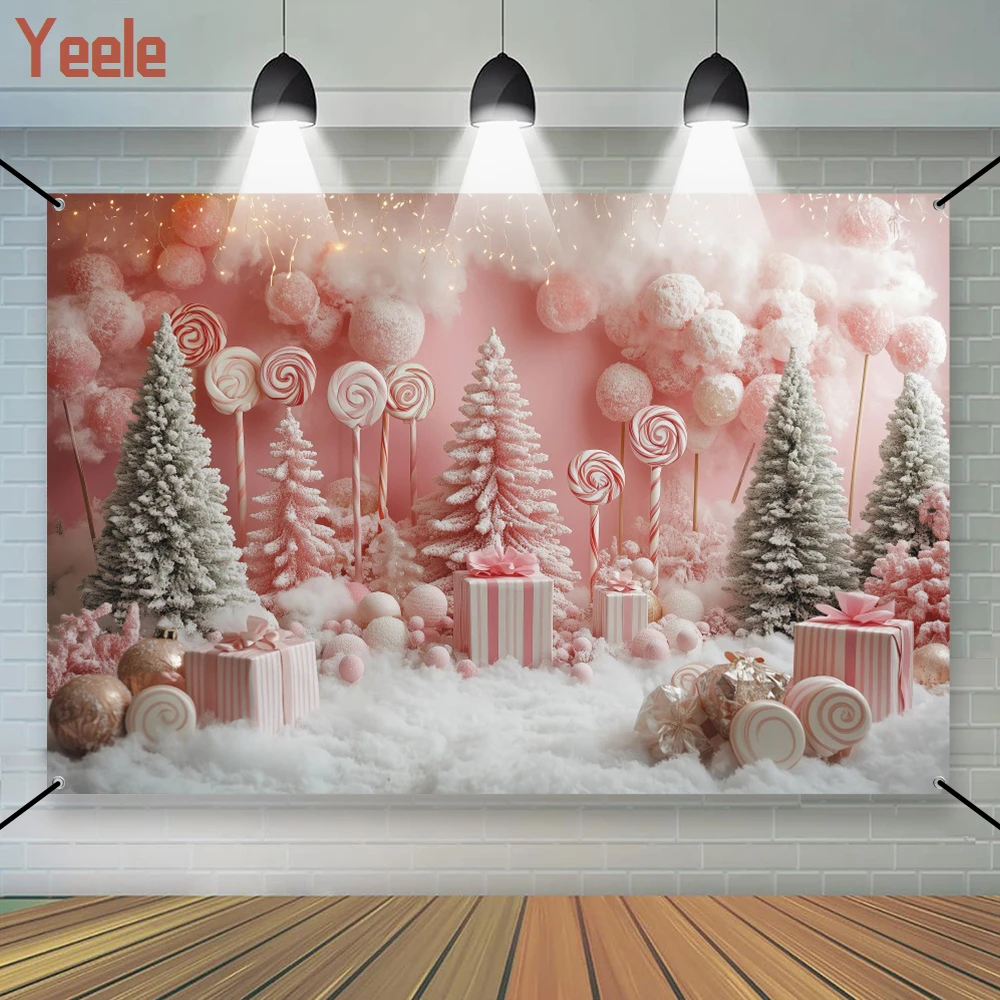

Pink Christmas Sweet Candy Photography Background Xmas Trees Sweet Baby Girls Party Indoor Portrait Photocall Backdrop Banner