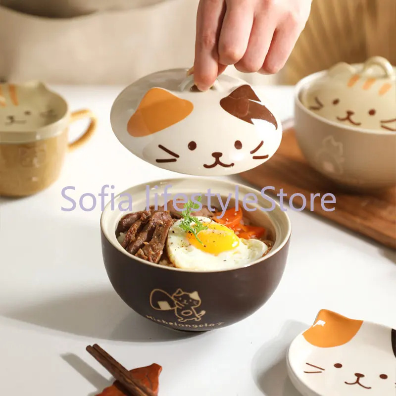 Japanese Cute Cat Cover Bowl Ceramic Soup Bowl Kawaii Instant Noodle Ramen Salad Baby Bowls Child Cartoon Decorative Dinnerware