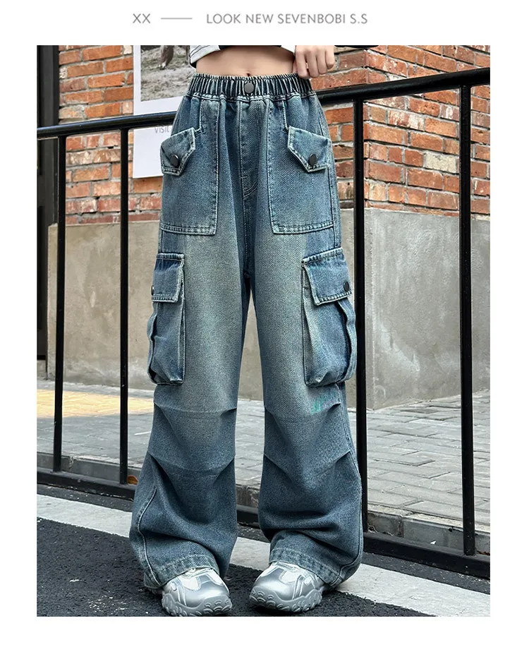 Mädchen Frühling Herbst Weitbein-Jeans 4-14 Jahre Kinder Teenager Elastische Hohe Taille Multi-Taschen Lose Lässige Streetwear-Hosen – Detail 23