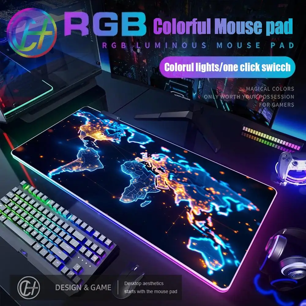 

HD HYBXAXC Fantasy Colorful World Map Mouse Pad RGB Gaming Mouse Pad Desk Mat HD Gamer Large LED Light XXL 90X40CM MousePad