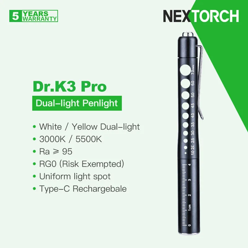 Nextorch Dr.K3 Pro Professional Medical/Doctor Penlight, White/Yellow Dual Lights, Ra≥95, RG0(Risk Exempted),Type-C Rechargeable