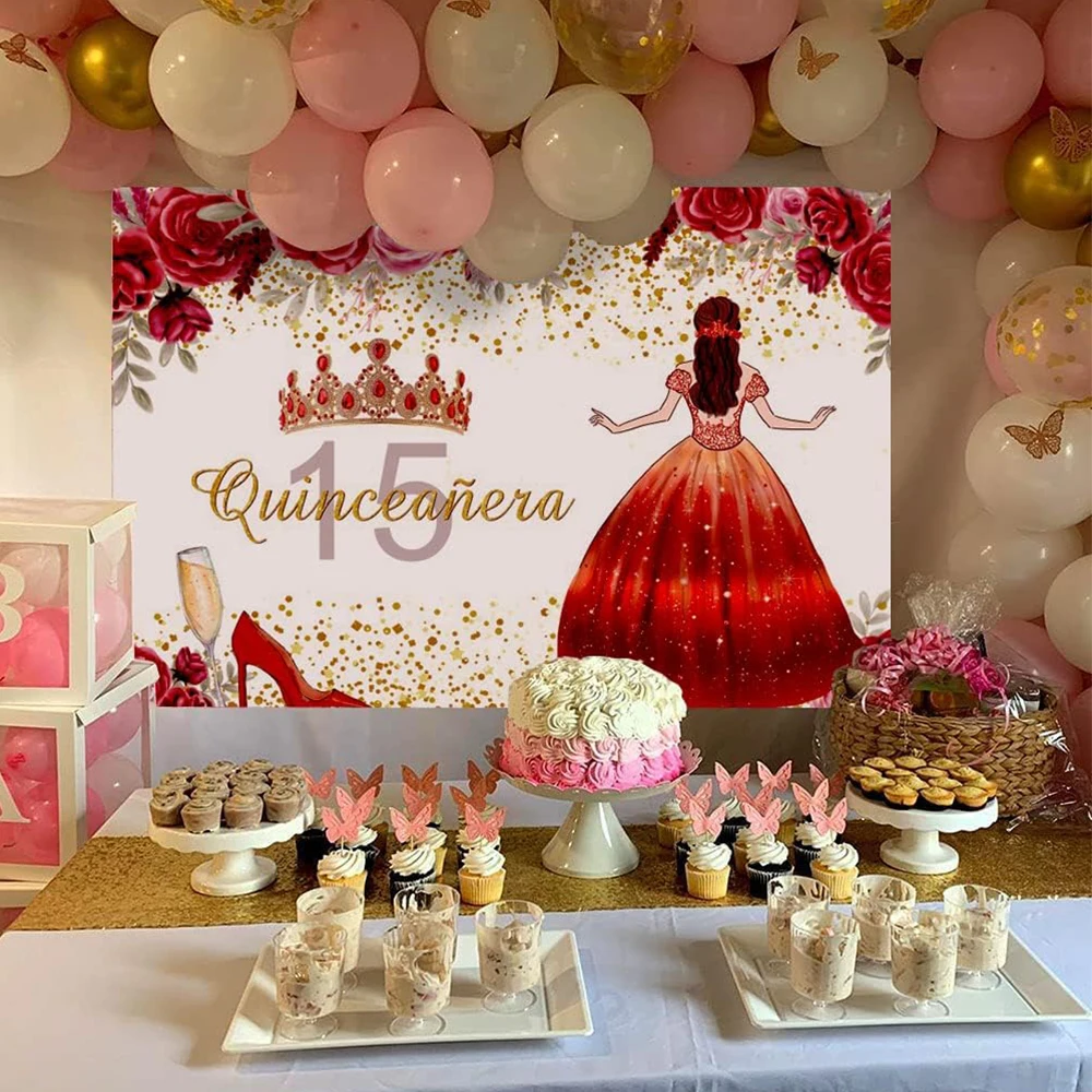 Princess Birthday Background Sweet Girl Dress Flowers Butterfly Decor Quinceanera 15th Birthday Gold Crown Photography Backdrop