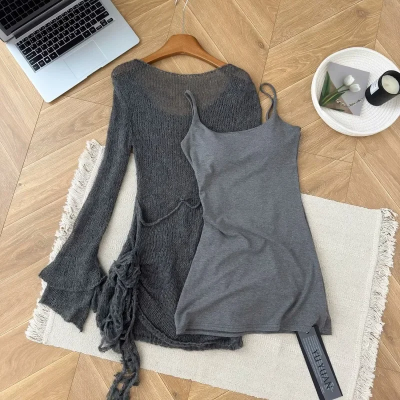 

Hollow Out One Collar Knitted Two-Piece Set For Women's Early Autumn Temperament, Mohair With Camisole Skirt