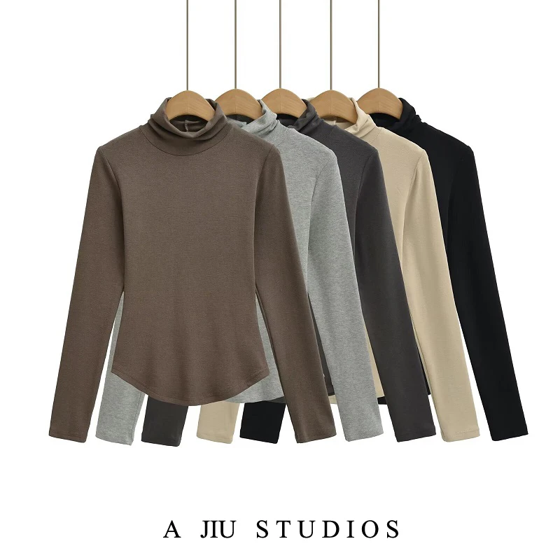 Cseta de Manga Longa Slim Fit para Mulheres, Csa de Gola Alta Anticorpo, Estilo Casual de Outono em Cor Sólida