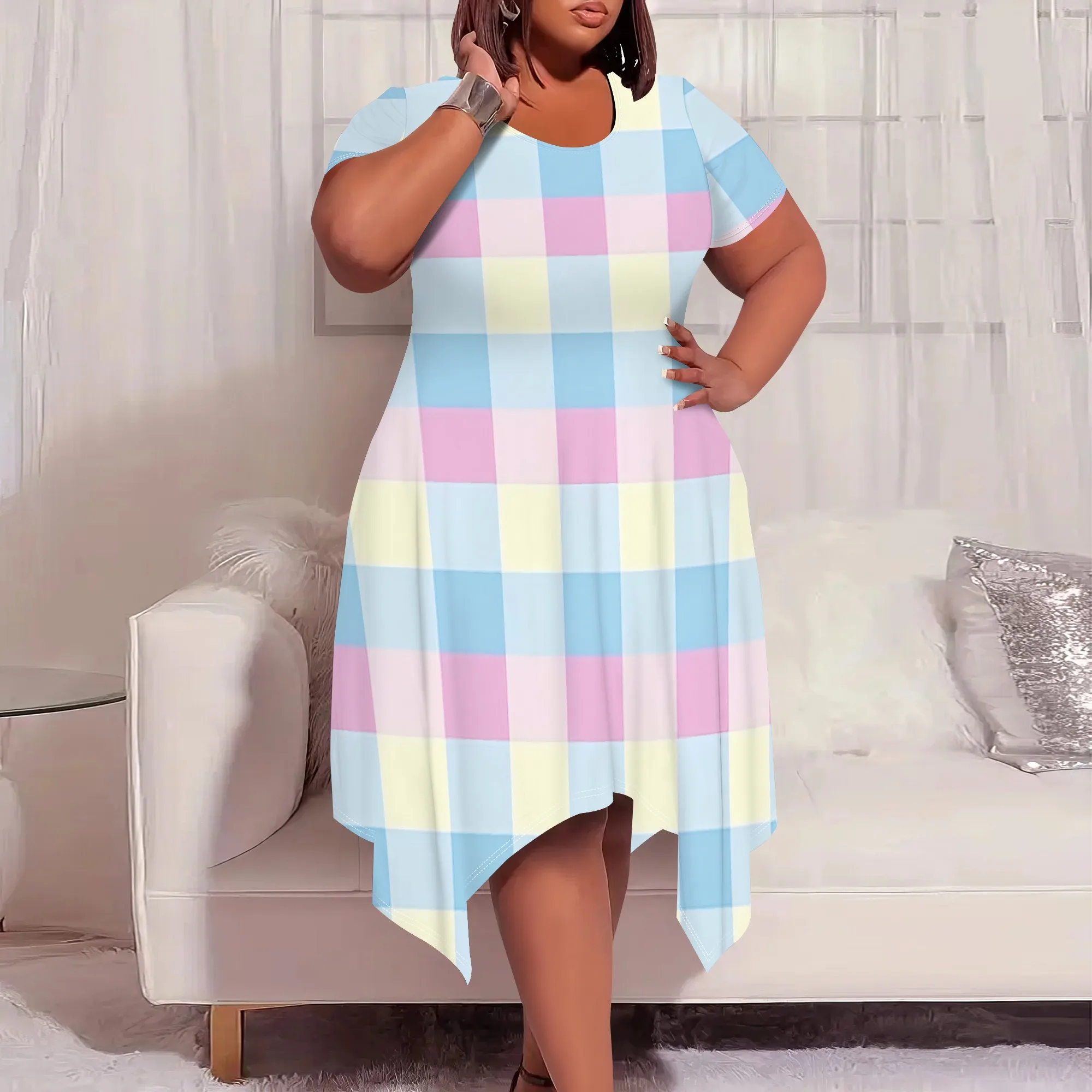 

XL-6XL Pastel Plaid Handkerchief Hem Dress for Plus Size Women Cute Spring Picnic or Brunch Look for Easter or Family Day