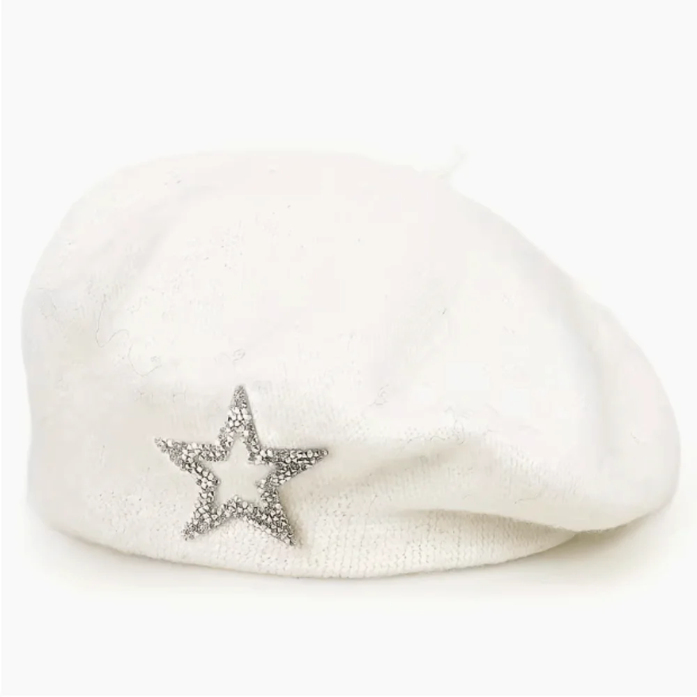 Artist Hat Five-Pointed Star Wool Beret Soft Warm Knitted Painter Hat Rhinestone Decor Solid Color Beanie Cap Daily Outfit