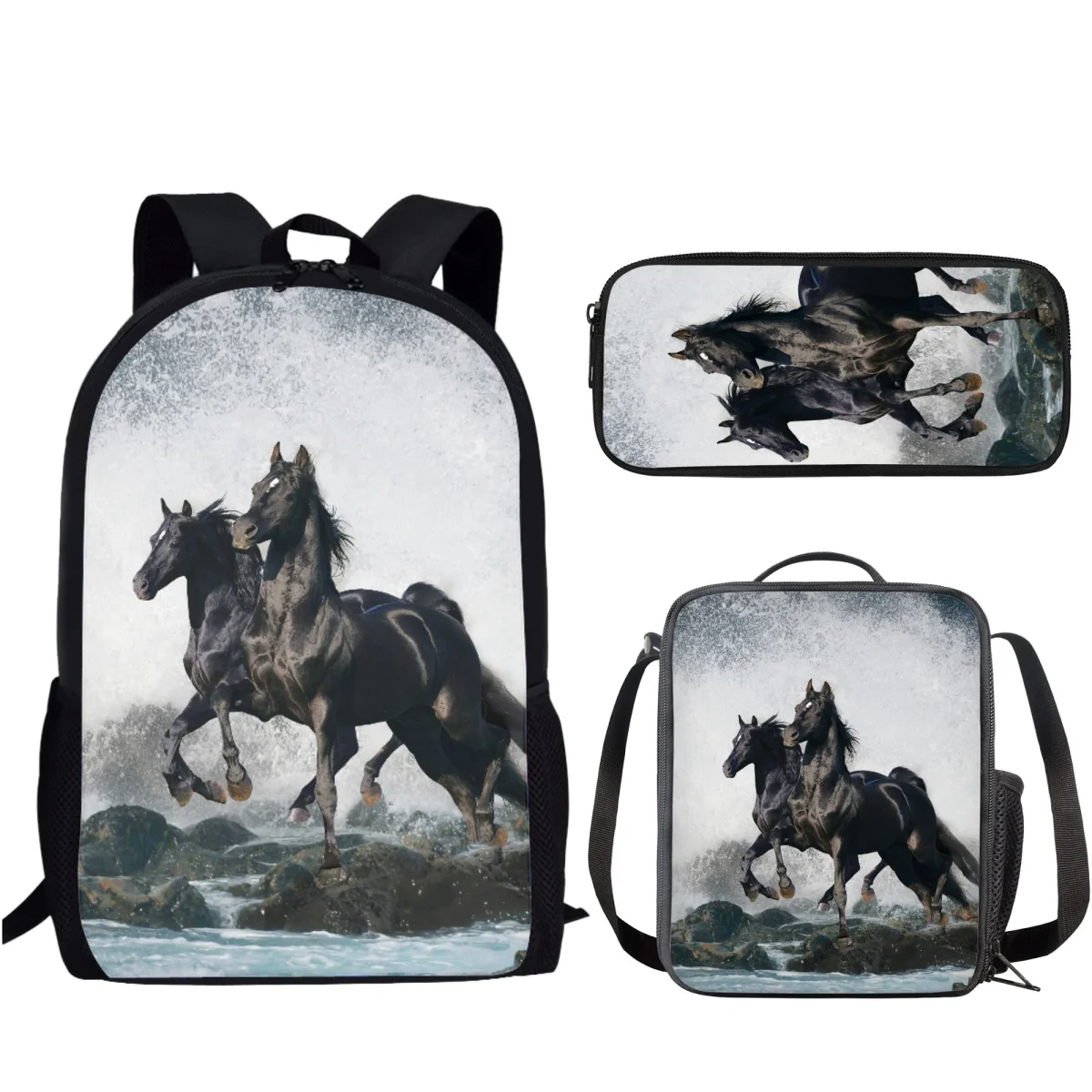 

3D Carzy Horse Set of 3 School Bag for Children Schoolbag Large Capacity Backpack with Lunch Boxes Girls Boys Mochila Book Bags