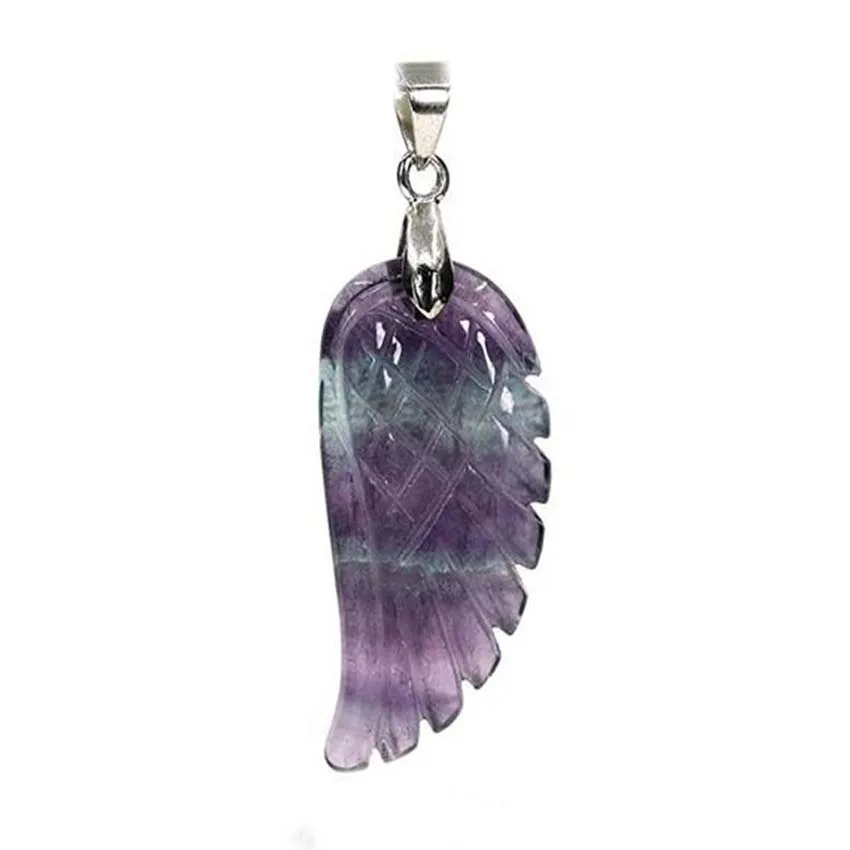 KFT Silver Plated Vintage Natural Fluorite Stone Freedom Angel Wing Pendant 35mm Fashion Women Men  Jewelry