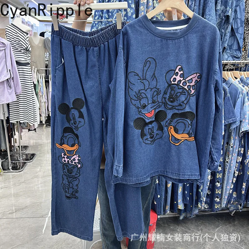 

Fashion Spring Autumn Women Denim Sets Cartoon Embroidery Round Neck Pullover Top + Elastic Waist Wide Leg Straight Denim Pants