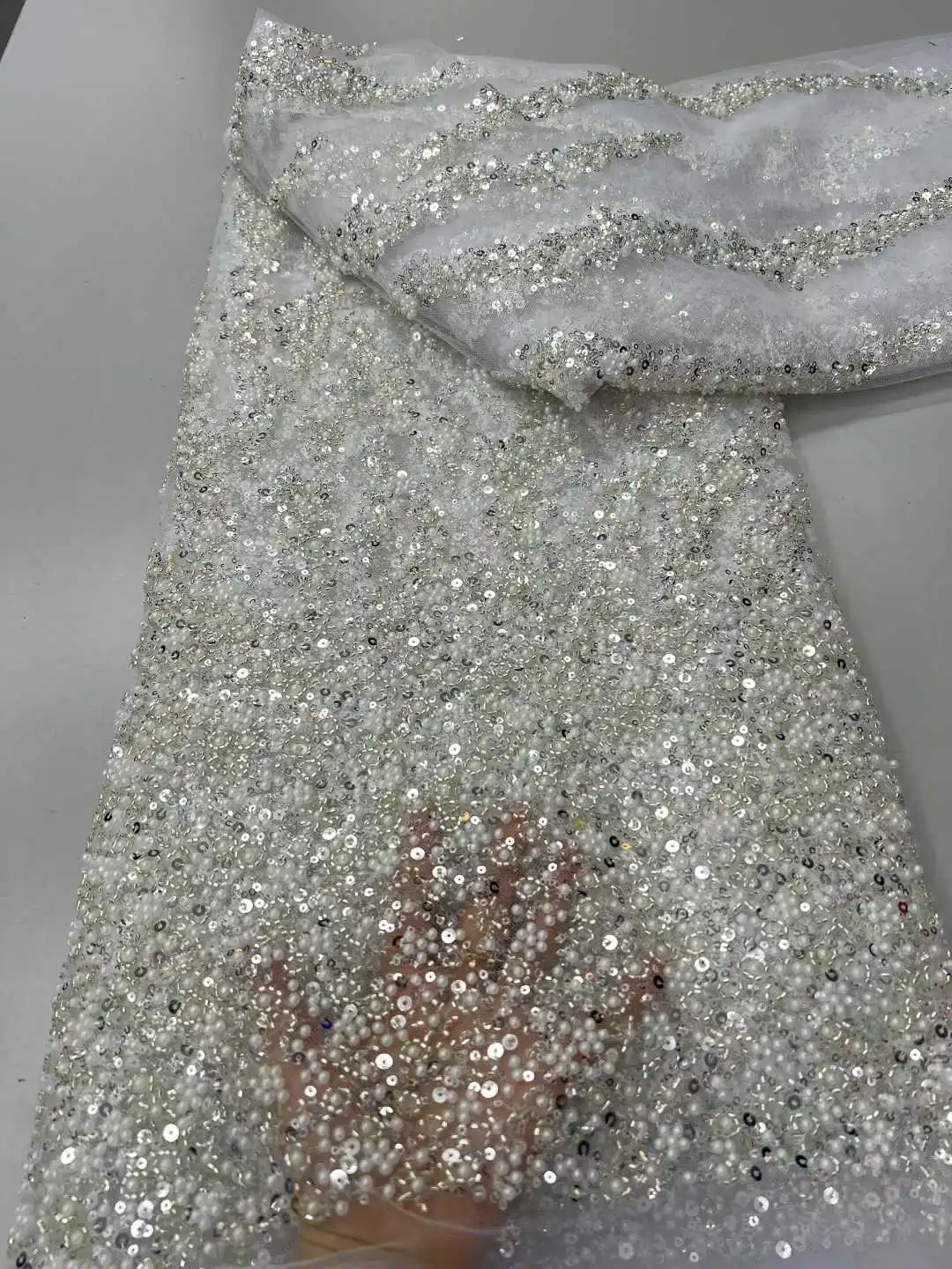 

Elegant African Beads Lace Fabric Nigeria Bridal Sequin 2025 High Quality French Tulle Lace Fabric For Wedding Party Dress Women