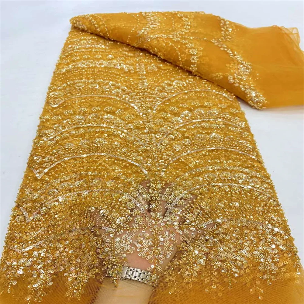 

African Tulle Lace Fabric 5 Yards High Quality Nigerian Sequins Beaded Tulle Lace Fabric For Sew Wedding Dresses Women 2-1DP2250