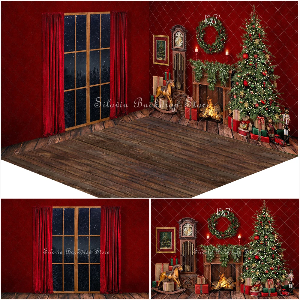 

Santas Merry Photography Backdrop Red Christmas Fireplace Photo Background Xmas Tree Kids Family Portrait Photo Studio Props