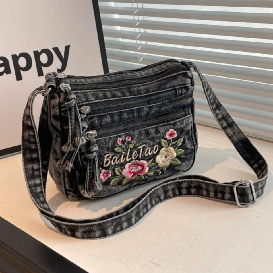 

Soft Denim Women Bag Fashionable Designer One Shoulder Diagonal Cross Bag Multiple Zipper Pockets Portable Punk Cool Purse Girls