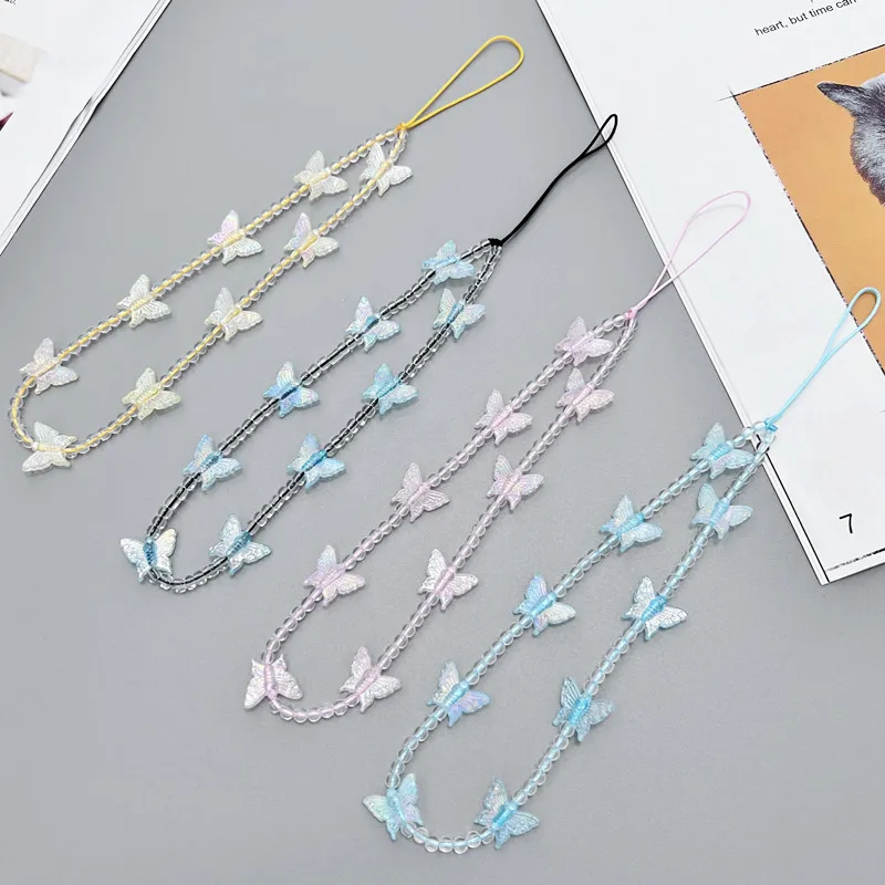 Crystal Clear Mobile Phones Strap Holders Candy Colors Butterfly Beaded Lanyard for IPhone Xiaomi Samsung Key Chains Accessories