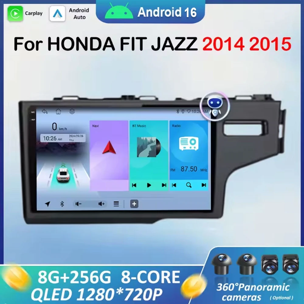 Right Hand Drive Android 16 for HONDA FIT JAZZ 2014 - 2015 Carplay Car Radio Video Multimedia Player QLED Screen GPS Bluetooth