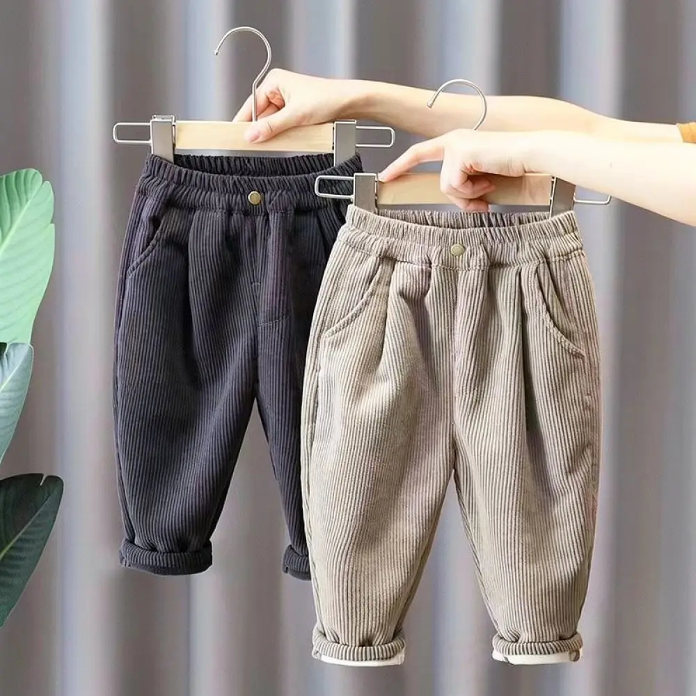 Children Fleece Lined Corduroy Pants Winter Warm Thermal Trousers For Boys Girls Soft Comfortable Outdoor Casual Style