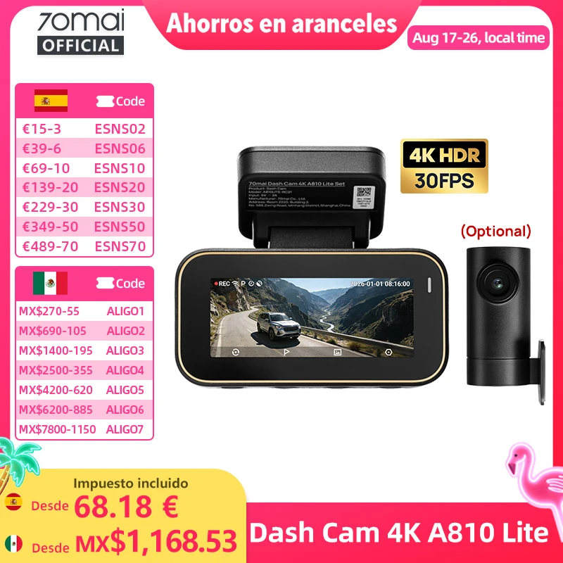 Imagen de Cámara para Auto 70mai Dash Cam A810 Lite 4K HDR + 1080P, Supercondensador, 4G LTE, Control Remoto, Wi-Fi 6, GPS, Control por Voz, DVR para Auto 70mai A810 Lite