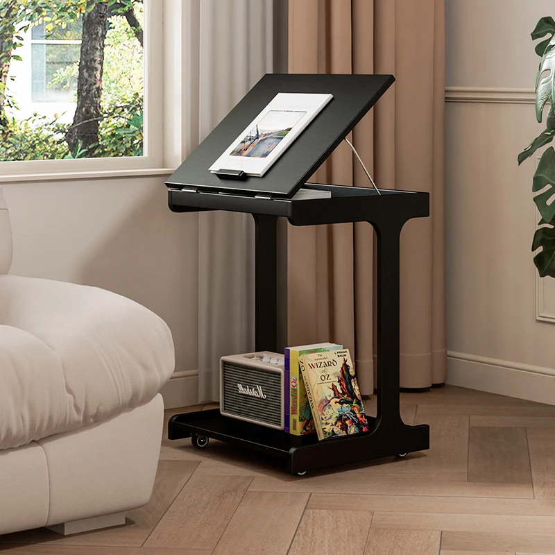

Solid Wood Living Room End Table Movable Sofa Side Table Industrial Black Nightstand Modern Narrow Bedside Table for Small Space